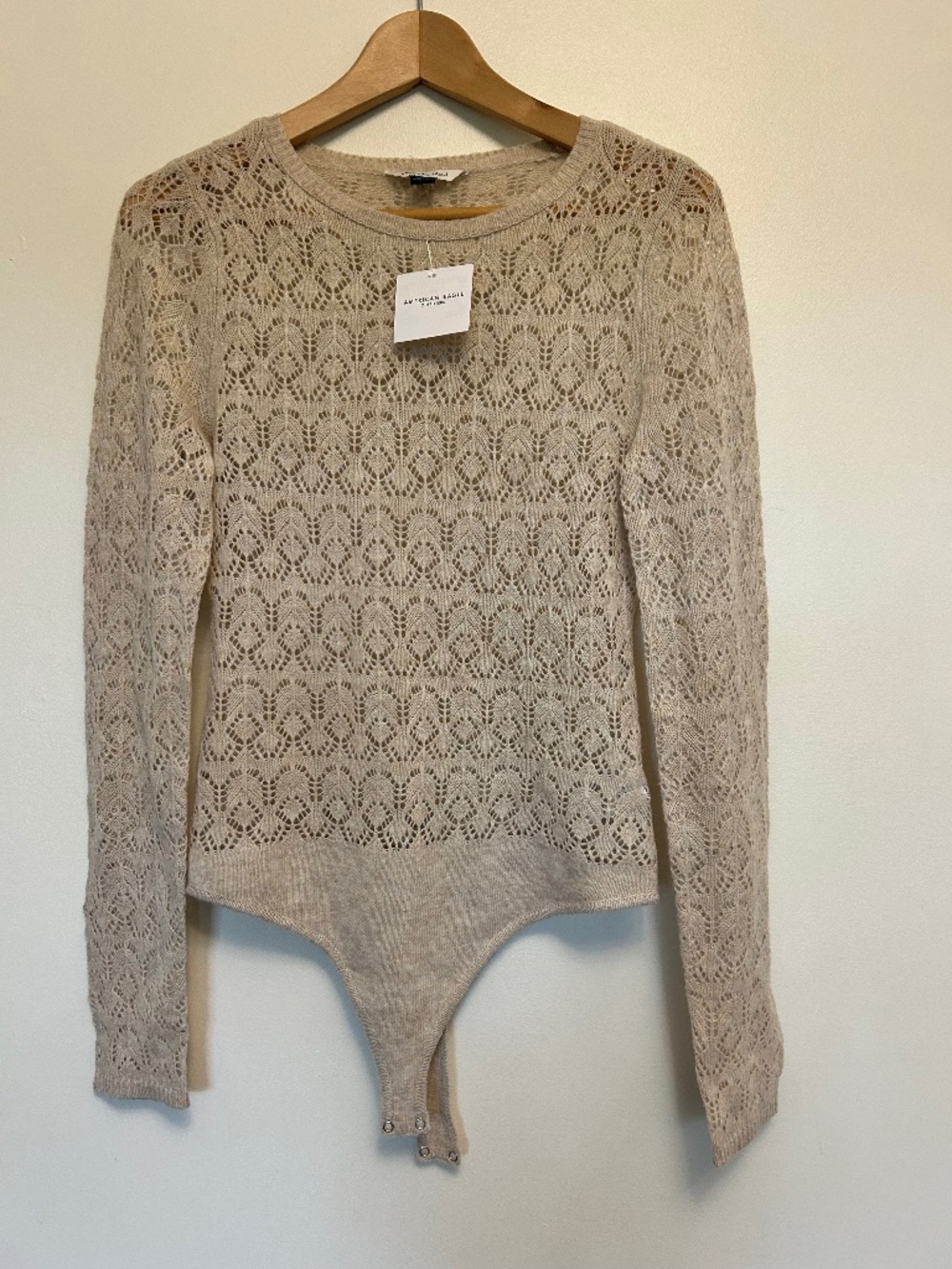 NWT American Eagle Wispy-Knit Long-Sleeve Pointelle Bodysuit Size M Boho Cottage